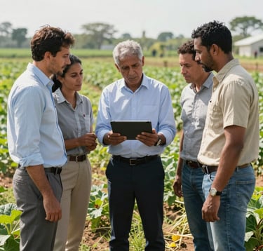 A professional photograph of a diverse group of agricultural researchers and farmers standing in a lush field, discussing data on a handheld tablet. The composition is collaborative and authoritative. Bright, natural midday light. The setting is an International / Global agricultural research station.