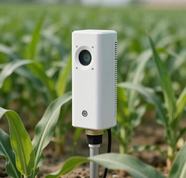A close-up photograph of a modern smart irrigation sensor installed in a lush, healthy field of crops. The focus is sharp on the technological device, with a softly blurred background of deep green foliage. Bright, natural daylight, professional photography, representing innovation and precision in an International / Global agricultural setting.