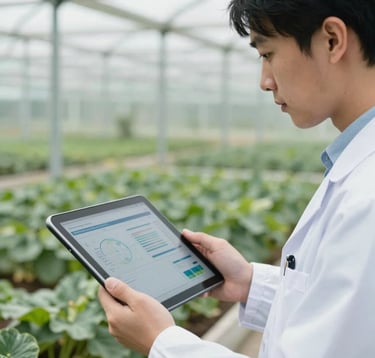 A close-up shot of an agricultural researcher in professional attire holding a modern tablet showing data analytics in an International / Global research facility. High-tech greenhouse blurred in the background. Lighting is clean and professional.