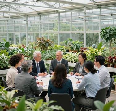 Wide-angle photography of a diverse group of agricultural professionals in business-casual attire having a collaborative meeting inside a futuristic glass research greenhouse filled with vibrant green plants. Soft, even lighting. International / Global.