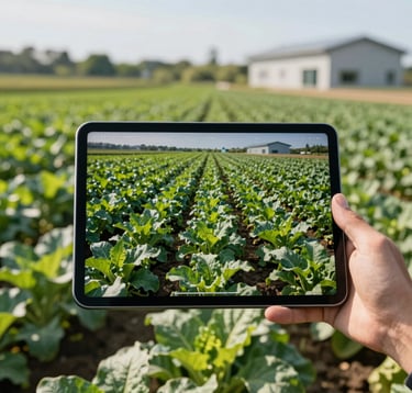 Close-up photography of a professional hand holding a high-tech tablet displaying crop analytics over a field of deep forest green crops. The lighting is bright and crisp morning sun. The background shows a modern, sustainable farm. International / Global.