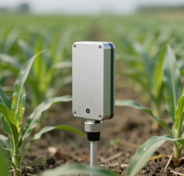Macro photography of a smart moisture sensor installed in a row of healthy crops. The sensor has a professional, industrial design. The background shows a blurry, expansive green field during the day. International / Global setting.
