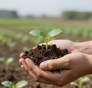 A close-up, high-detail photograph of healthy, rich soil being held in hands, with small vibrant green sprouts emerging. The background is a soft focus of a sustainable farm under a clear sky. Lighting is soft and natural. International / Global context.