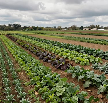 A wide landscape shot showcasing a modern regenerative farm where different crops are partitioned efficiently. The terrain is healthy and vibrant, emphasizing deep green and earthy tones. Overcast sky provides soft, trustworthy lighting.