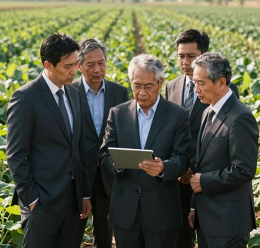 A group of diverse agricultural experts and researchers in professional attire standing in a field, looking at a digital tablet together. The composition is a medium shot emphasizing collaboration and technology. The background shows a healthy, sun-drenched crop field. Professional lighting, International / Global context, featuring dark green and light green accents.