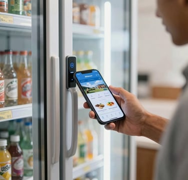 A South American / Brazilian resident using a modern smartphone app to unlock a smart glass-door refrigerator inside an AkiSmart market. The setting is bright and clean, showing a sophisticated urban residential atmosphere. Close-up on the interaction, high-quality lighting.