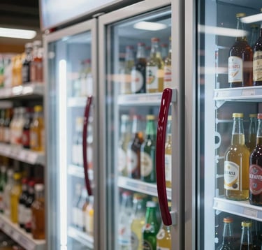 A high-quality photo of a sleek, glass-fronted beverage refrigerator inside an AkiSmart market. The lighting is crisp and cool. The handle has a subtle deep ripe crimson accent. South American / Brazilian apartment building background.