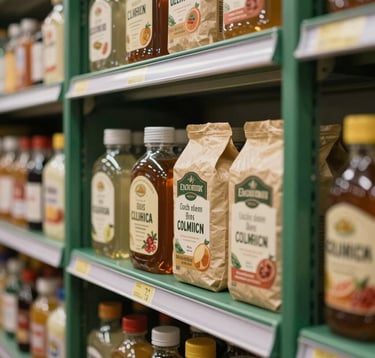 A detailed close-up shot of organized mini-market shelves containing premium products. The shelving units are matte forest green, highlighted by bright white LED strips. A crisp parchment background keeps the look elegant. South American / Brazilian market context.