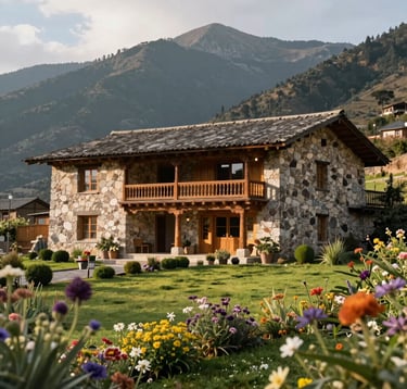 Exterior of a beautiful Andean mountain lodge, rustic architecture with stone and wood, surrounded by bright green gardens and wild flowers, South American countryside style, serene morning lighting.