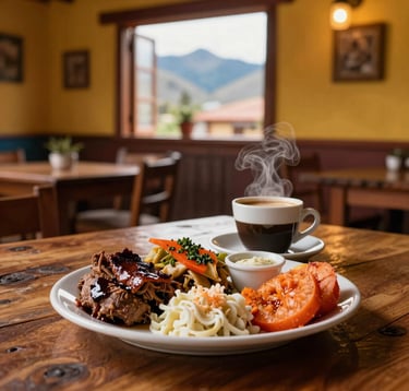 A lifestyle shot of a rustic South American Andean cafeteria, showcasing a wooden table with a plate of local gastronomy and a steaming cup of coffee. Warm interior lighting with a blurred mountain view through the window, featuring orange and yellow tones.