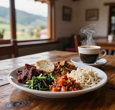 Close-up photography of authentic Andean gastronomy, a colorful plate of local food and a steaming cup of coffee on a rustic wooden table, South American restaurant interior with soft natural lighting and green mountain views through the window.