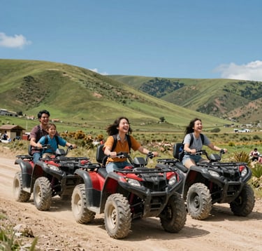 A family of four laughing while riding ATVs on a wide dirt trail in the Andean highlands. They are surrounded by vibrant green hills and clear blue skies, capturing a moment of pure adventure.