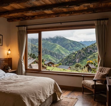 Photography of a cozy South American mountain lodge interior. Large windows reveal a panoramic view of green peaks. The room features rustic wood, cream-colored textiles, and warm ambient lighting, creating an inviting hospitality scene.