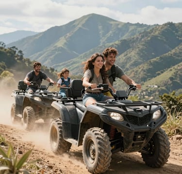 Full-shot photography of a smiling family riding quad bikes on a dirt mountain trail in South America. They are surrounded by high green mountains and a bright, sunny sky. The atmosphere is joyful and adventurous, with dust kicking up behind the tires.