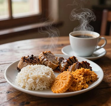 Close-up photography of authentic Andean gastronomy on a rustic wooden table. A steaming plate of local food sits next to a cup of freshly brewed artisan coffee. Natural light from a nearby window, warm cream and orange tones, inviting and cozy atmosphere.