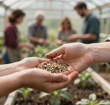 Close-up photograph of hands exchanging heirloom seeds in a sunny greenhouse, soil-dusted fingers, beautiful natural lighting, warm and welcoming community atmosphere in Northwest Arkansas.