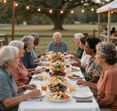 A warm, atmospheric documentary photograph of a diverse community gathering at an outdoor table on a Northwest Arkansas farm. Sharing a colorful feast of local food under string lights, with a welcoming, cozy ambience. Soft cream and terracotta tones, natural expressions, authentic moment.