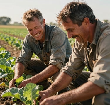 A close-up candid photograph of two farmers laughing and working together in a Northwest Arkansas field, surrounded by leafy green crops under bright, warm natural sunlight. They wear simple work clothes with soil brown smudges, showcasing physical, supportive community action. High contrast, earthy tones.