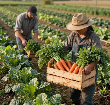 A detailed photograph of small-scale farmers working side-by-side on a vibrant vegetable farm in Northwest Arkansas, holding a wooden crate full of fresh carrots and greens, warm natural sunlight, earthy soil tones, leafy greens, professional agricultural documentary style.
