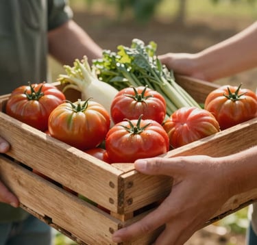 A close-up photograph of hands exchanging a wooden crate filled with vibrant, fresh-picked heirloom tomatoes and local North American / Northwest Arkansas farm produce. Warm, earthy sunlight catching the rustic wooden details, focus on community connection, natural color palette.