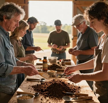 A detailed photograph of a hands-on farm workshop in Northwest Arkansas. A small group of people gathered around a wooden table exchanging heirloom seeds and handmade tools. Bright, warm afternoon light filtering through barn doors, highlighting soil brown and warm sand tones.