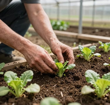A close-up documentary photograph taken at a farm-sitting rotation in Northwest Arkansas. A volunteer's hands, smudged with warm soil brown dirt, carefully plant leafy green vegetable starts into a raised bed. The lighting is bright and natural, casting soft shadows on the rich earth. The background features a clean, professional greenhouse structure, conveying a sense of rustic yet organized mutual aid.