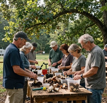 An outdoor community workshop in Northwest Arkansas on a crisp morning. A group of neighbors gathers around a rustic wooden table, learning about mushroom cultivation. There are containers of compost, logs, and tools. Soft cream sunlight filters through the surrounding deep leafy green trees. Grounded, organic, and highly welcoming atmosphere.