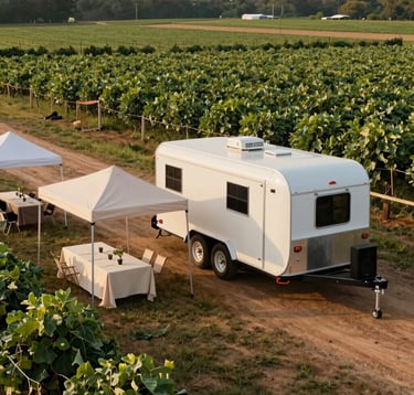 An eye-level photograph of a custom hospitality trailer parked next to a thriving rural farm in Northwest Arkansas. The scene features pop-up shelters, folding tables covered with soft cream tablecloths, and a small PA system set up for a gathering. Soft sun-gold light highlights the festive yet professional setup, surrounded by leafy green fields and a warm soil brown path.