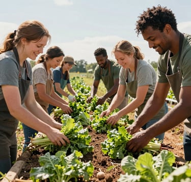 A high-quality lifestyle photograph of community members working together at CAFF or a local farm in North American / Northwest Arkansas. A diverse group of food advocates are smiling, harvesting fresh greens together under a sunny sky. Earthy tones of leafy greens and warm soil.
