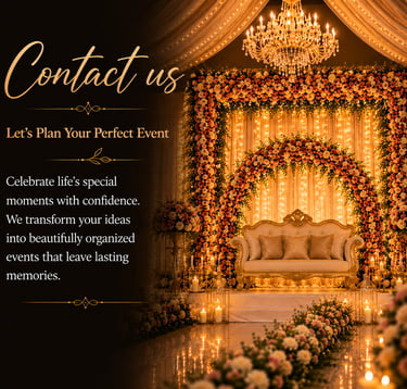 Luxury wedding stage decoration with elegant floral arrangements, crystal chandelier, warm fairy lig