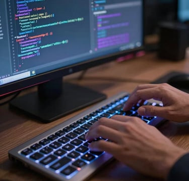 A detailed close-up of a software engineer's hands typing on a high-end backlit keyboard. Reflections of code in medium blue and lavender hues appear on a sleek monitor in a professional North American tech setting.