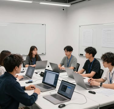A wide shot of a collaborative tech brainstorming session in a modern North American studio, featuring high-end hardware, clean whiteboards, and a professional, innovative atmosphere.