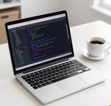 A clean, high-resolution photograph of a high-end laptop on a white desk in a bright North American office. The screen shows a sophisticated code editor with syntax highlighting in blue and purple. A cup of black coffee sits nearby. The lighting is bright, clean, and airy.