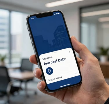 A close-up photograph of a modern smartphone being held in a hand within a North American urban office setting, displaying a professional and clean business interface with deep blue color themes.