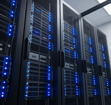 An organized server room in a North American data center with glowing deep blue and light blue LED indicators. The composition is a low-angle shot showing rows of high-performance hardware, emphasizing reliability and scale.