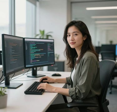 A portrait of a female software engineer in a modern North American office setting. She is sitting at a clean, white workstation with dual monitors, looking professional and approachable. The room is filled with soft, natural morning light.