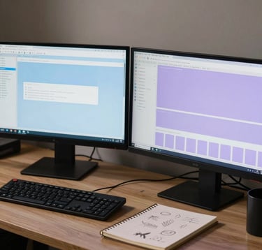A photograph of a designer's workstation in a North American studio. Two large monitors display complex UI/UX wireframes and color palettes in light blue and lavender. Beside the keyboard sits a notebook with sketches. The lighting is soft and focused, emphasizing a professional creative process.