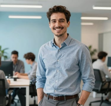 A portrait of a male tech professional in smart-casual attire standing in a bright, modern US collaborative workspace. He is smiling confidently, with a blurred background showing a clean, high-tech office environment with light blue accents.