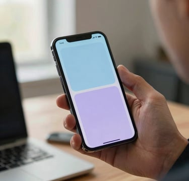 A close-up photograph of a professional's hand holding a high-end smartphone in a North American office setting. The screen displays a clean, modern application interface with light blue and lavender accents. The background is softly blurred, showing a professional workspace with warm, natural light.