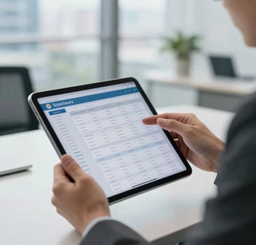 A close-up photograph of a person in professional attire using a tablet to view property data and market trends. The setting is a clean, modern North American office with a blurred background of city windows.