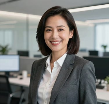 A professional headshot of a female executive in business attire, smiling warmly in a high-tech corporate office environment. The background is slightly blurred, showing modern workstations and light gray architectural details.