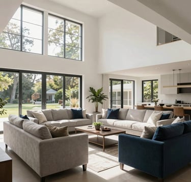 Bright and airy interior photography of a modern North American living room featuring high ceilings, white space, and designer furniture in shades of light grey and dark blue. Natural sunlight streams through large glass doors.