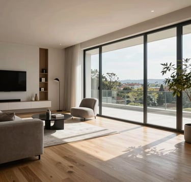 A high-end, modern living room in a North American home featuring floor-to-ceiling windows and minimalist decor. Sunlight streams across sleek hardwood floors. The aesthetic is clean and tech-driven, suggesting a sophisticated lifestyle.