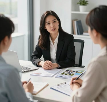 Professional real estate agent consulting with clients in a bright, modern light-filled office. The scene captures trust and reliability, with architectural models and property brochures visible on a clean white desk.