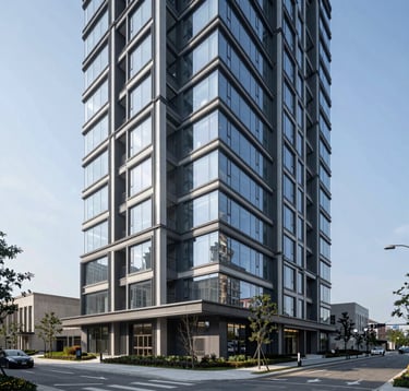 A high-end architectural photograph of a modern residential development in a North American urban area. The image captures the sleek glass facade and minimalist design during the day. The perspective is from the street level, showing clean sidewalks and a clear blue sky.
