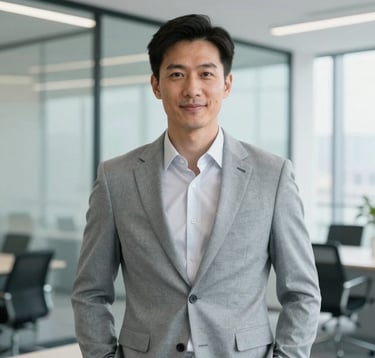 A professional portrait of a male real estate expert in a light gray tailored suit, standing in a brightly lit, modern North American office with glass walls. The lighting is soft and approachable, conveying reliability and expertise.