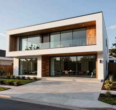A wide-angle exterior photograph of a stunning luxury modern home in North America. The house features floor-to-ceiling glass windows, natural wood accents, and clean white lines. The lighting is crisp afternoon sunlight, highlighting the professional landscaping and architectural detail.