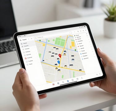A close-up photograph of a sleek, modern tablet being held by a hand. The screen displays a professional map interface with residential property pins and clean search filters. The setting is a brightly lit, modern North American home office with a blurred white space background.