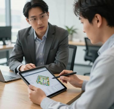 A professional setting in a North American corporate office. Two people are engaged in a collaborative discussion over a tablet showing property data. The lighting is bright and airy, emphasizing a culture of trust and transparency.