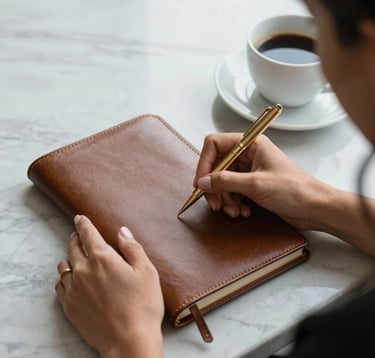 A close-up photograph of a professional South American / Brazilian woman's hands writing in a luxury leather journal. Beside the journal is a simple gold pen and a cup of black coffee on a minimalist marble desk. Soft natural side lighting.